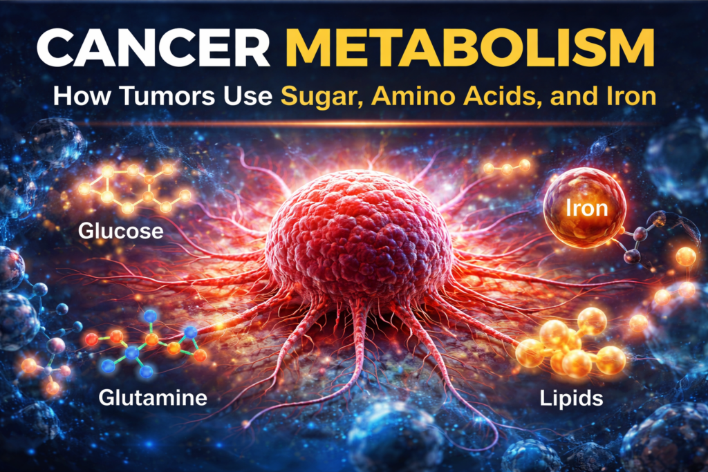 Cancer metabolism diagram showing tumor cells using glucose glycolysis glutamine iron metabolism and lipid metabolism to fuel tumor growth