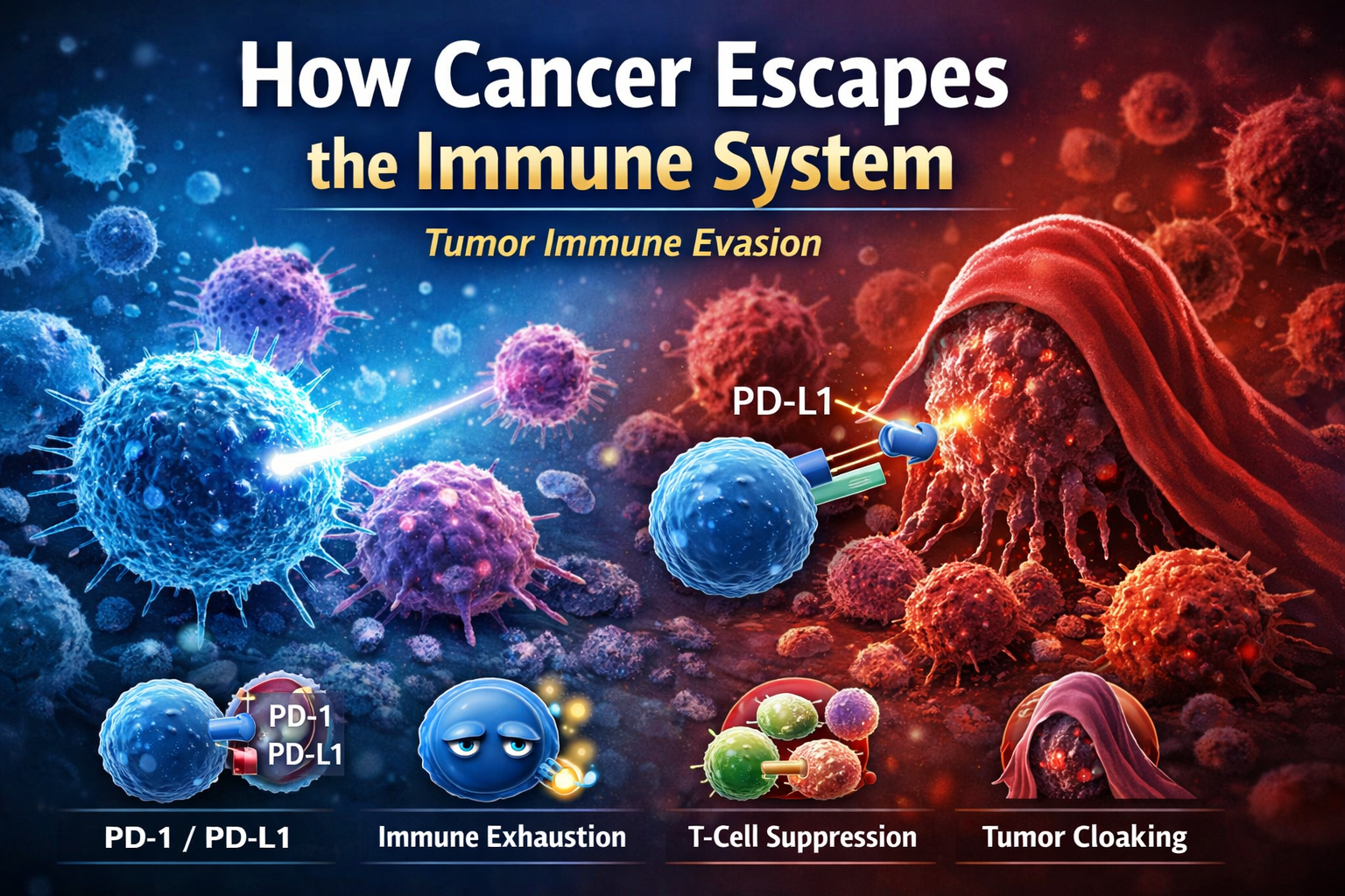 Tumor immune escape mechanisms illustration showing PD-1 PD-L1 signaling, immune exhaustion, T-cell suppression, and tumor cloaking.
