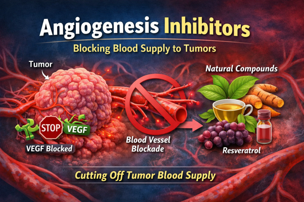 Angiogenesis inhibitors blocking tumor blood vessel growth through VEGF suppression and natural anti-angiogenic compounds.