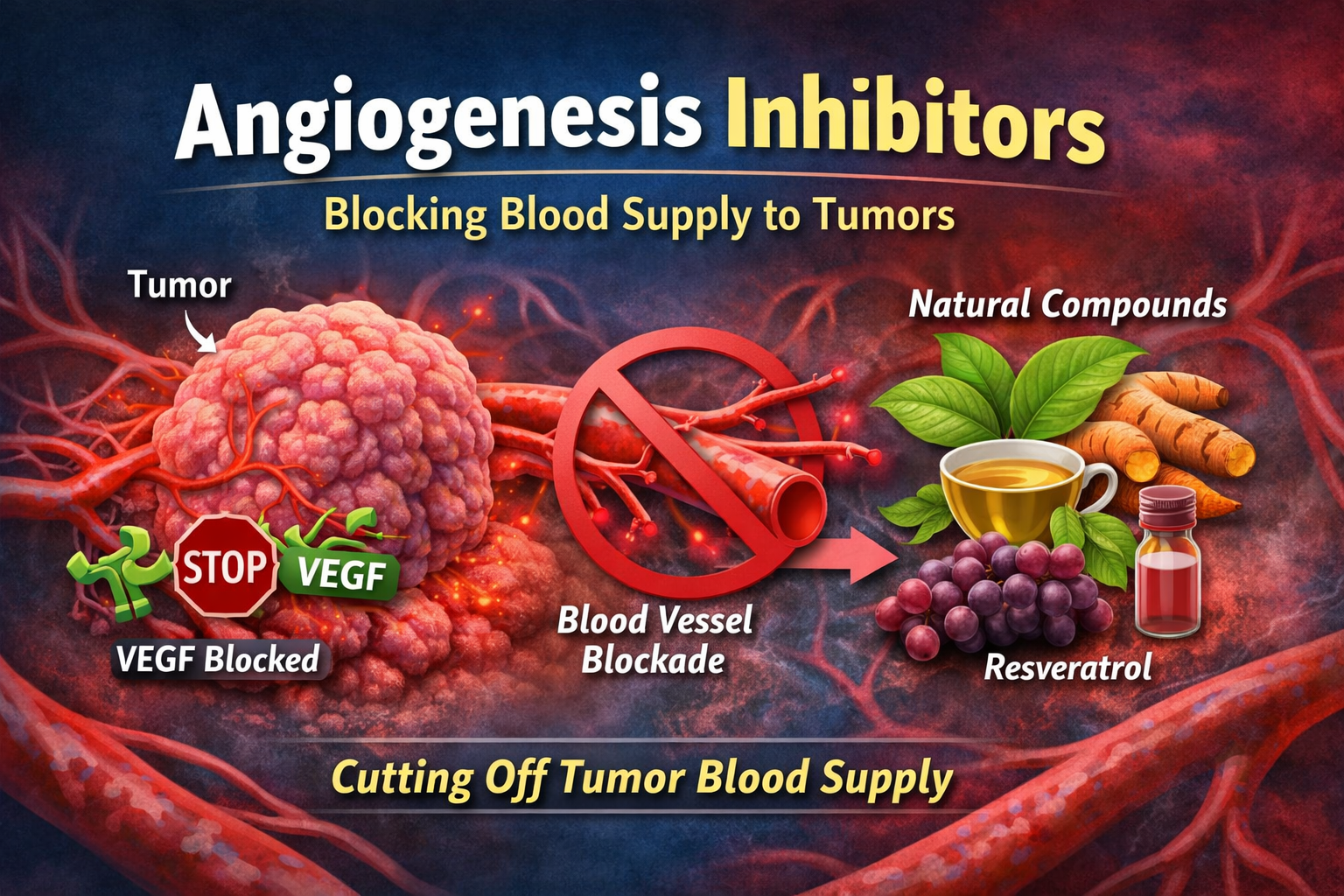 Angiogenesis inhibitors blocking tumor blood vessel growth through VEGF suppression and natural anti-angiogenic compounds.
