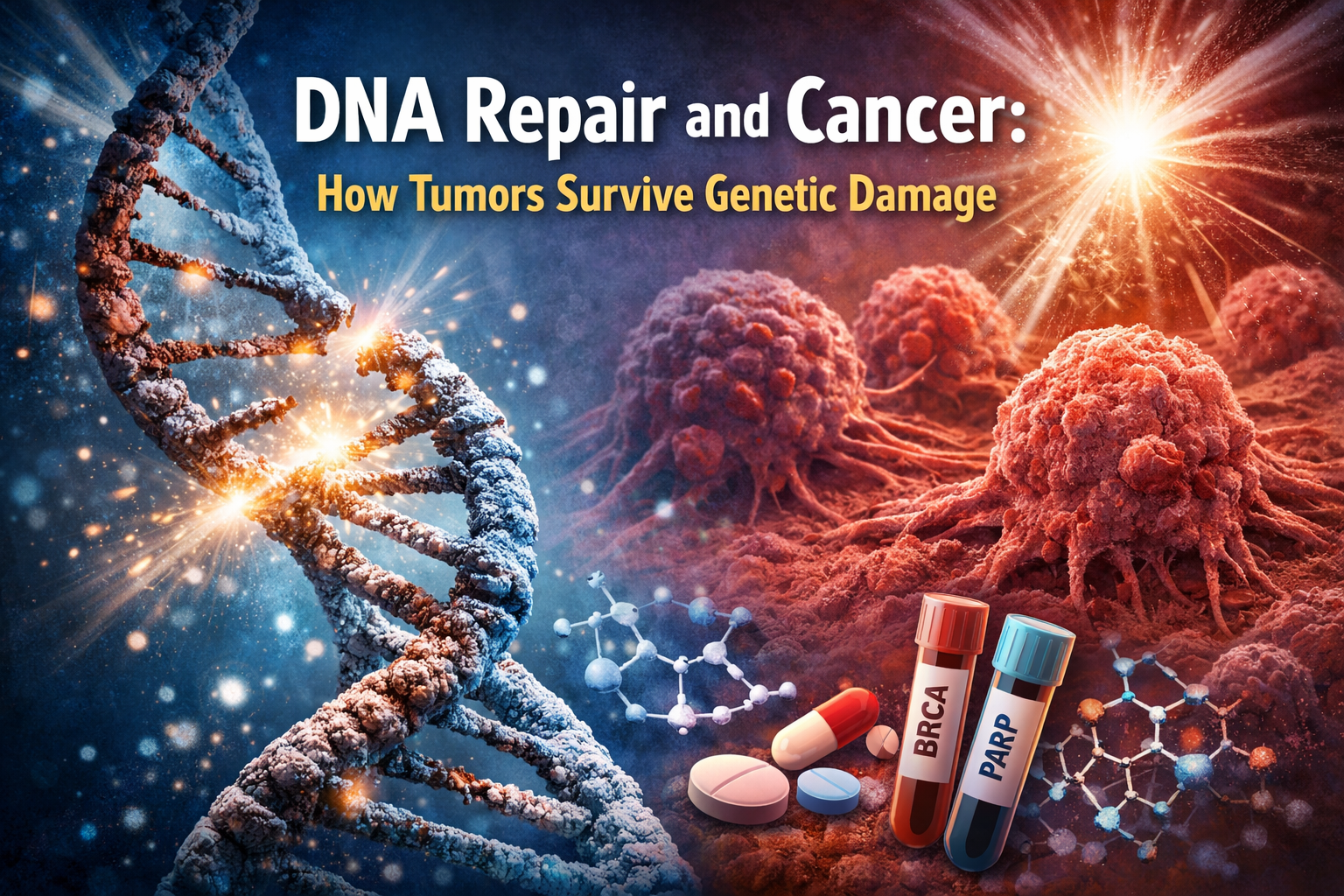 DNA repair mechanisms in cancer showing BRCA genes, PARP inhibitors, and tumor cells surviving genetic damage