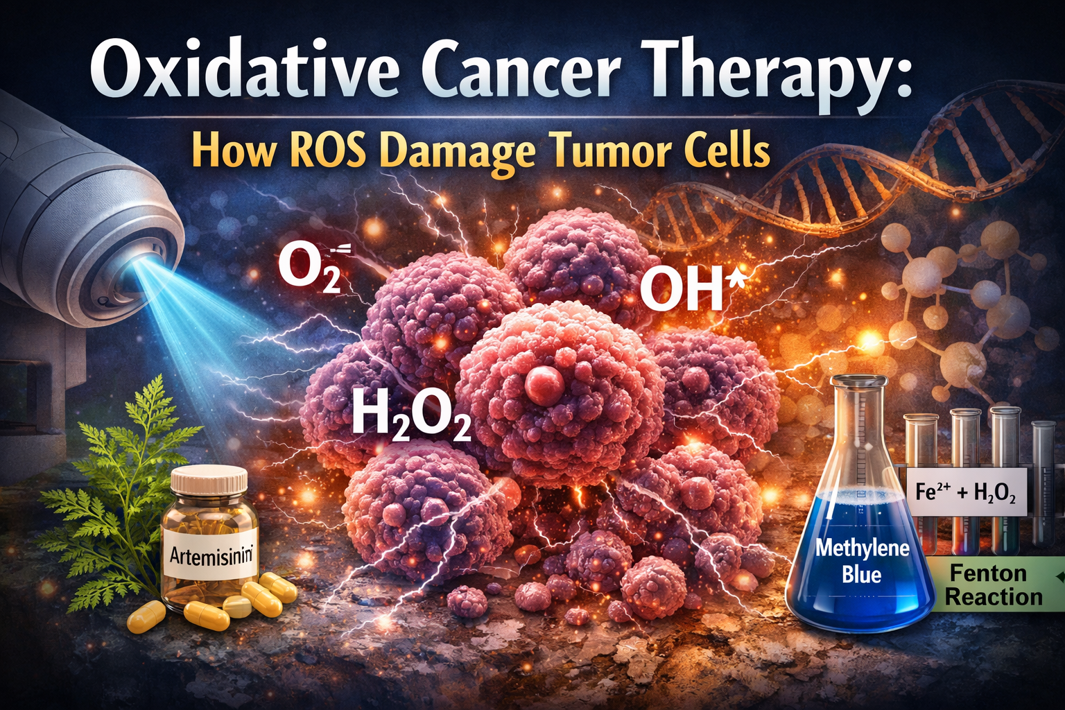 Oxidative cancer therapy illustration showing ROS molecules damaging tumor cells with radiation, artemisinin, methylene blue, and the Fenton reaction