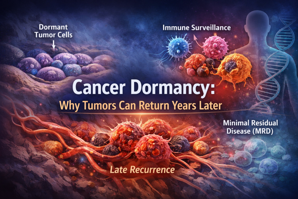 Cancer dormancy diagram showing dormant tumor cells, immune surveillance, and minimal residual disease that can cause late cancer recurrence