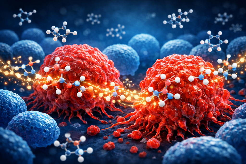 Cancer cells absorbing glucose molecules illustrating the Warburg effect and tumor sugar metabolism.