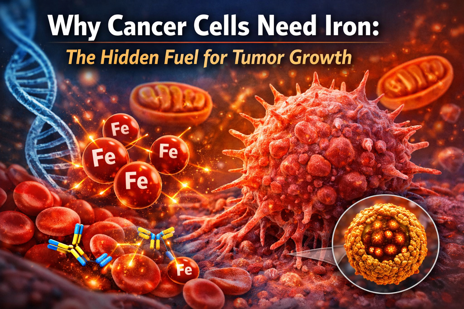 Cancer cell absorbing iron molecules showing how iron fuels tumor growth, DNA synthesis, and cancer metabolism.