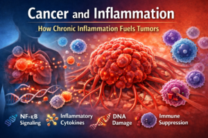 Cancer and inflammation illustration showing chronic inflammation promoting tumor growth through NF-kB signaling cytokines DNA damage and immune suppression