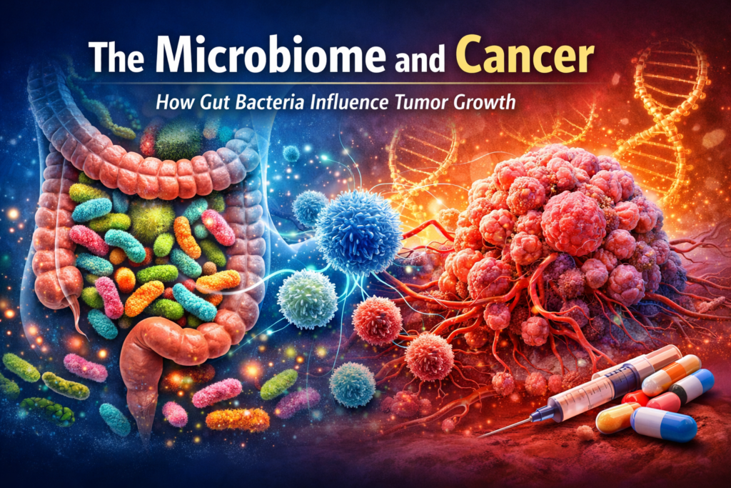 Microbiome and cancer illustration showing gut bacteria influencing immune cells and tumor growth.