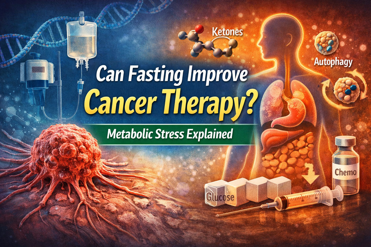 Fasting and cancer therapy illustration showing metabolic stress, ketones, autophagy, and chemotherapy interaction with tumor metabolism.
