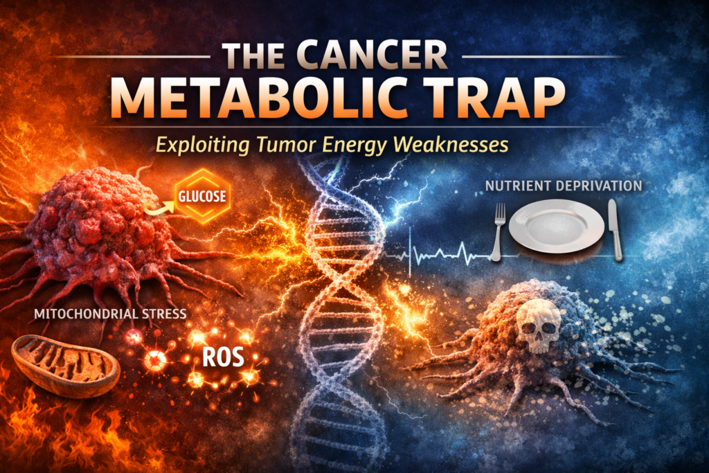 Cancer metabolic trap illustration showing glucose dependence, mitochondrial stress, ROS damage, and nutrient deprivation affecting tumor metabolism