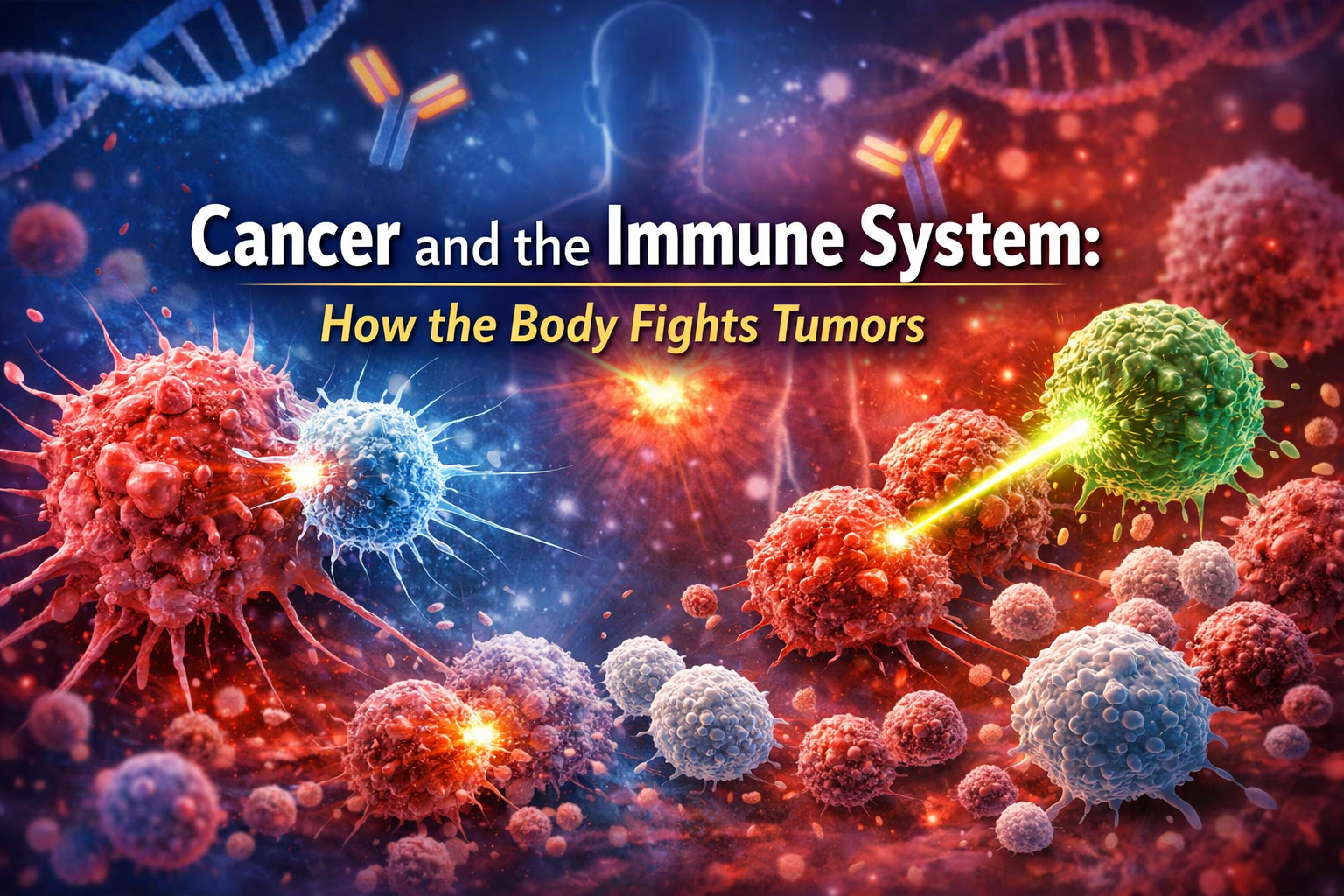 Immune system attacking cancer cells with NK cells and T cells illustrating immune surveillance and tumor immune evasion.