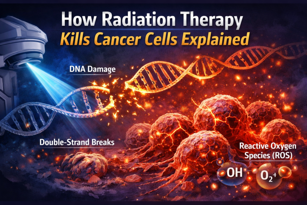 How radiation therapy kills cancer cells through DNA damage, reactive oxygen species ROS, and double strand DNA breaks