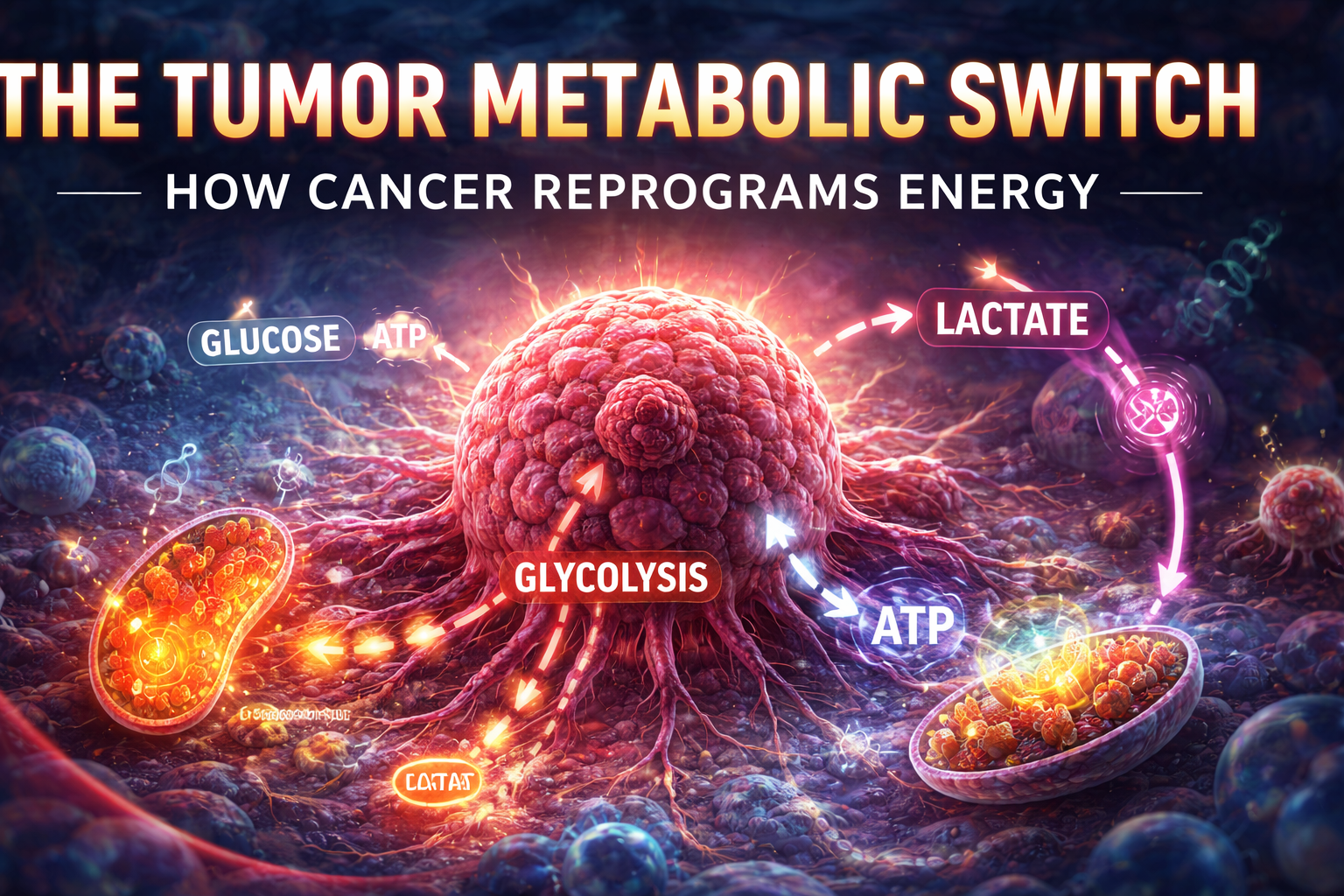 Tumor metabolic switch diagram showing cancer cell glycolysis, glucose metabolism, ATP production, and lactate generation.