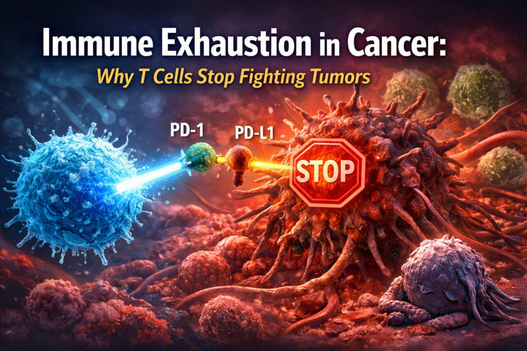 Immune exhaustion in cancer showing T cells suppressed by PD-1 and PD-L1 checkpoint signaling that prevents the immune system from attacking tumor cells.