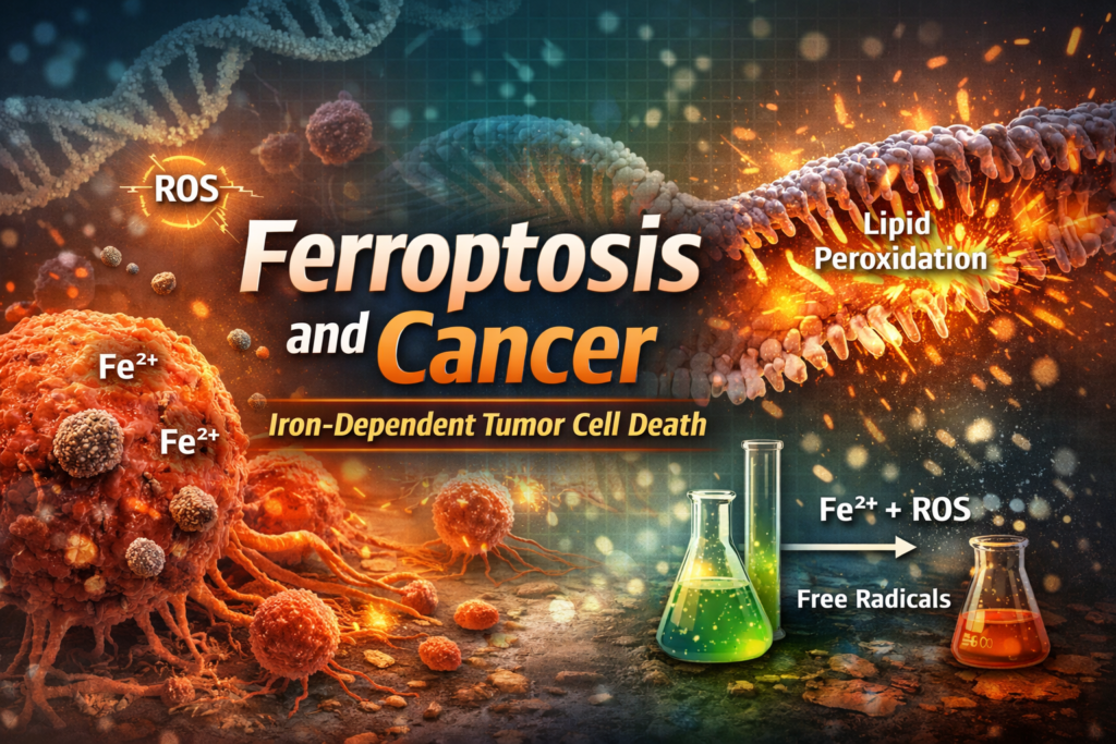 Ferroptosis cancer pathway showing iron metabolism, ROS generation, and lipid peroxidation causing tumor cell death.