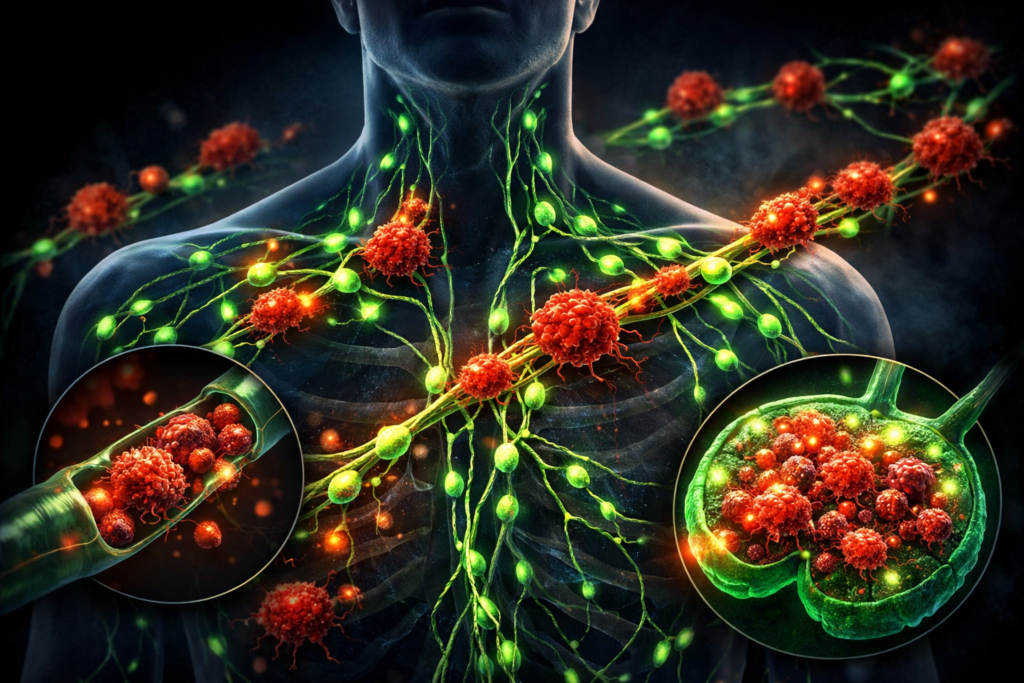 cancer spreading through lymphatic system and lymph nodes illustration