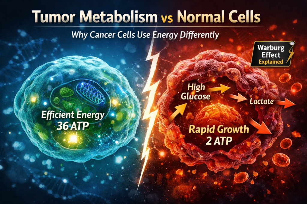 Tumor metabolism vs normal cells showing Warburg effect, glucose metabolism, mitochondrial dysfunction, and lactate production in cancer