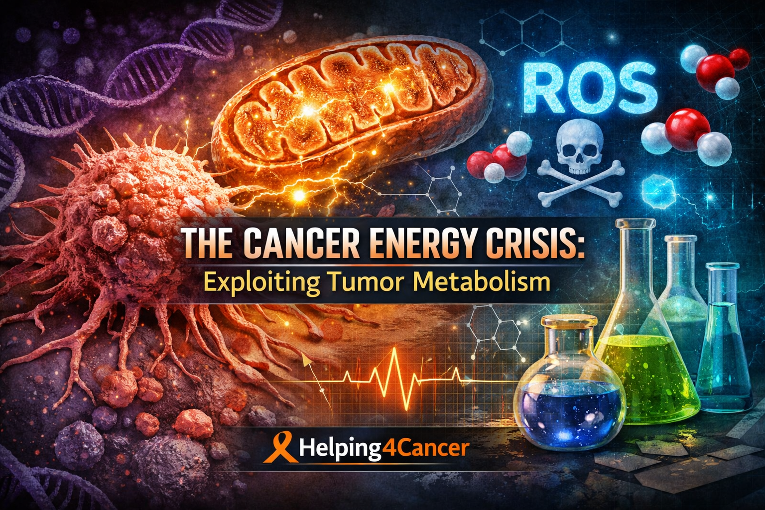 Cancer energy crisis showing tumor metabolism, ROS production, and mitochondrial damage