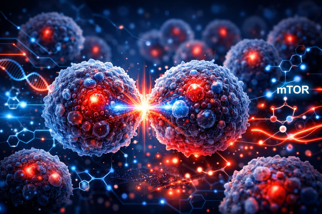 Rapid cancer cell division showing uncontrolled growth and mTOR signaling pathway