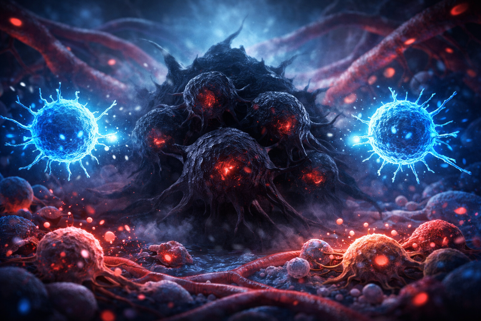 Tumor immune cloaking illustration showing cancer cells evading T cells using PD-L1 and immune suppression