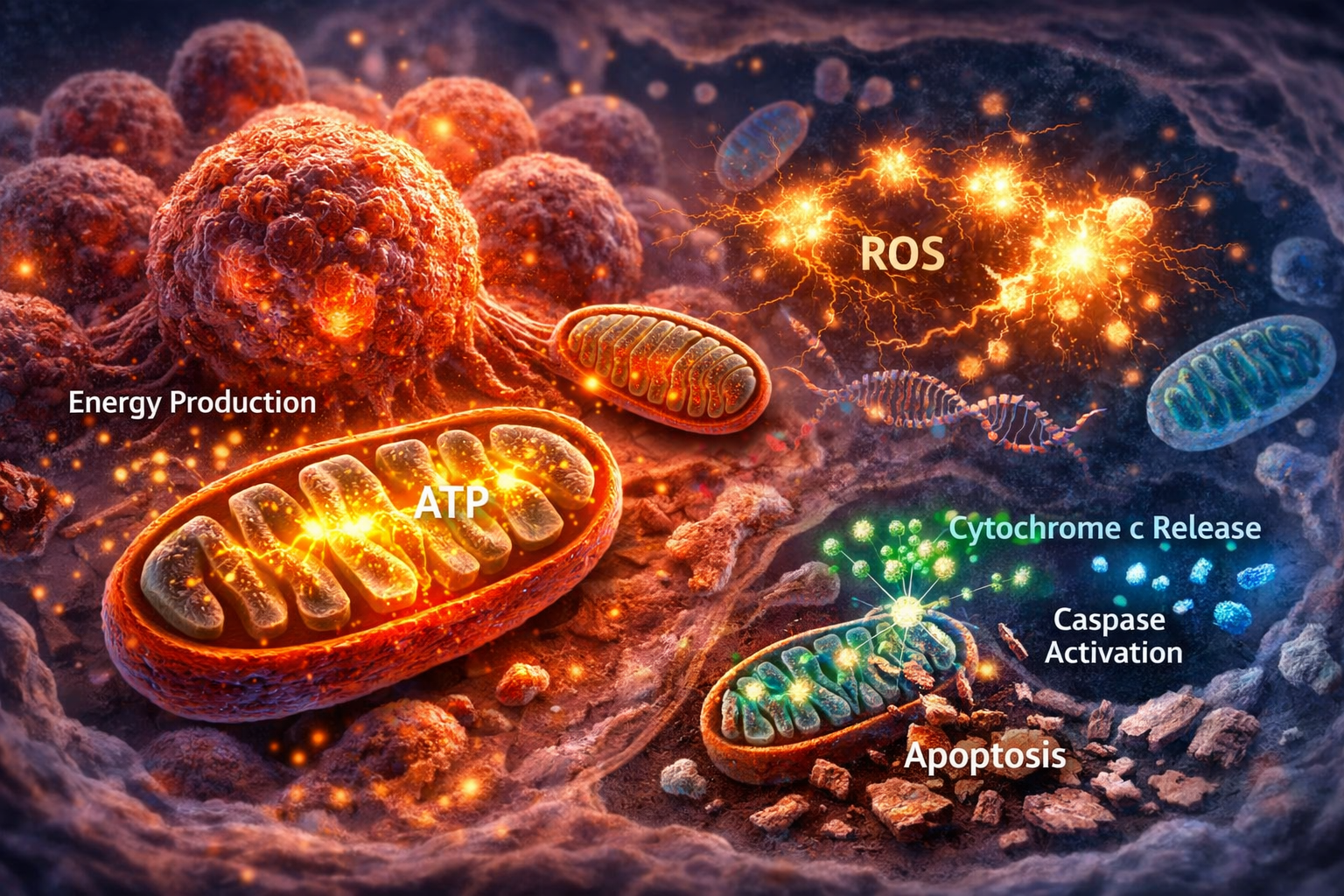 Cancer cell mitochondria showing ATP energy production, ROS generation, and apoptosis pathways