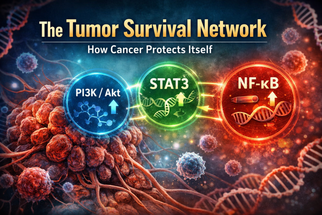 Tumor survival network showing PI3K Akt, STAT3, and NF kappa B pathways helping cancer cells survive