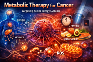 Metabolic therapy for cancer showing tumor energy systems, glucose metabolism, fasting, ketogenic diet, and ROS pathways