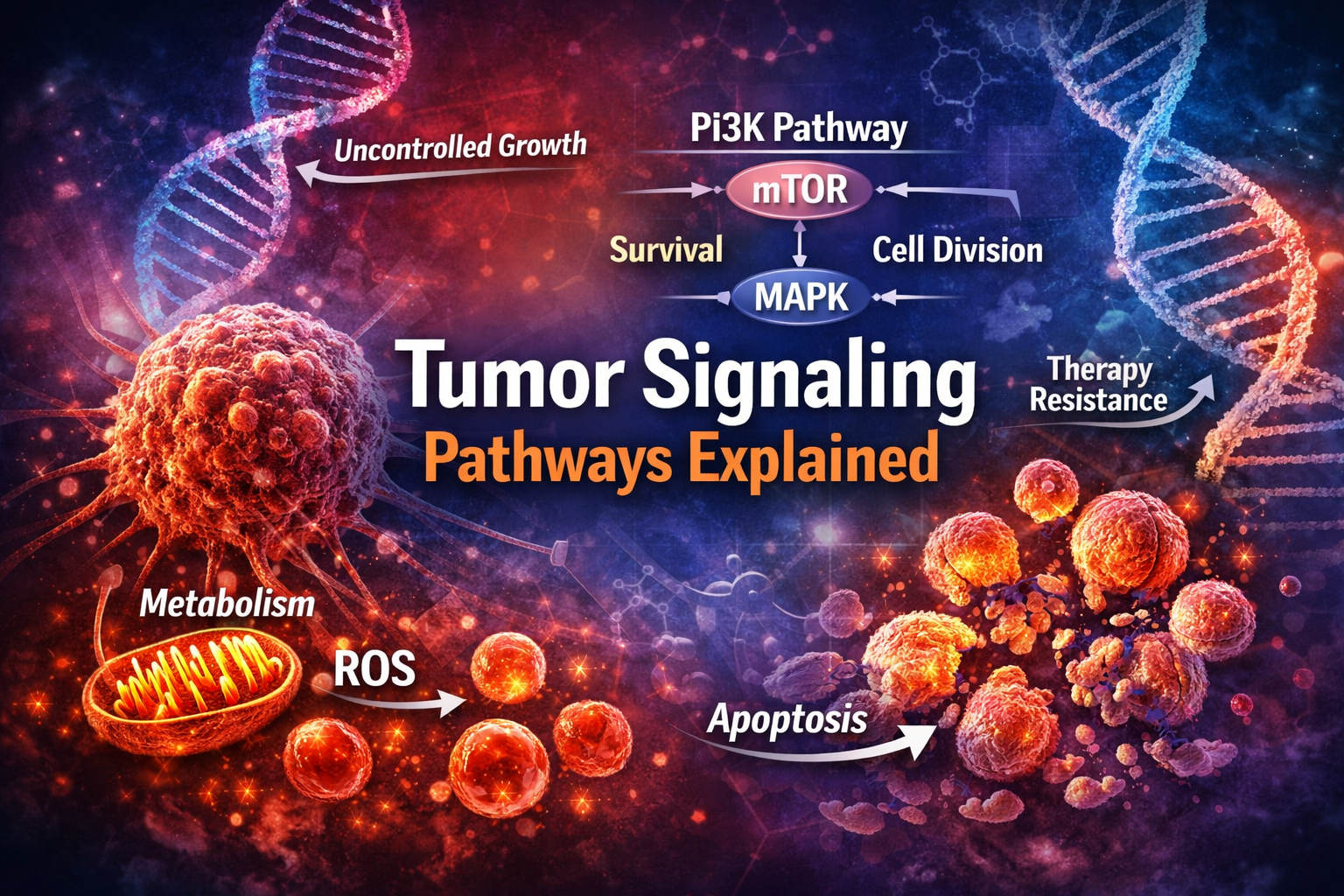 Tumor signaling pathways diagram showing PI3K, mTOR, and MAPK controlling cancer cell growth, metabolism, and survival