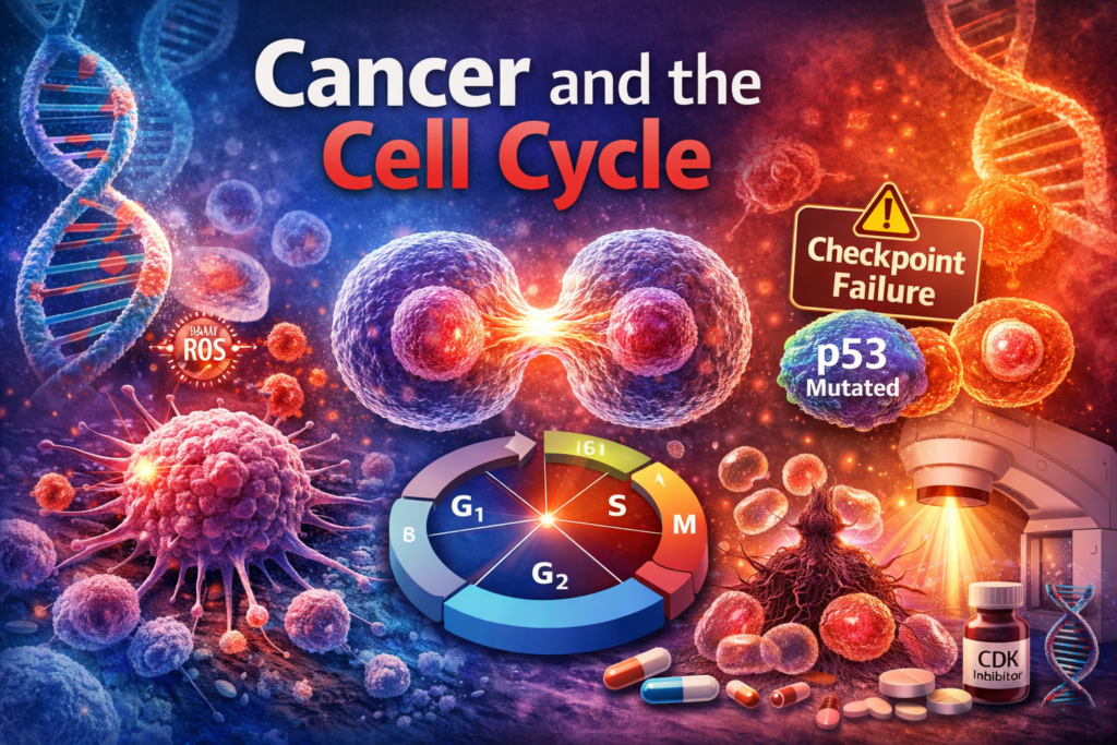 Cancer cell cycle diagram showing DNA replication mitosis and checkpoint failure in tumor growth