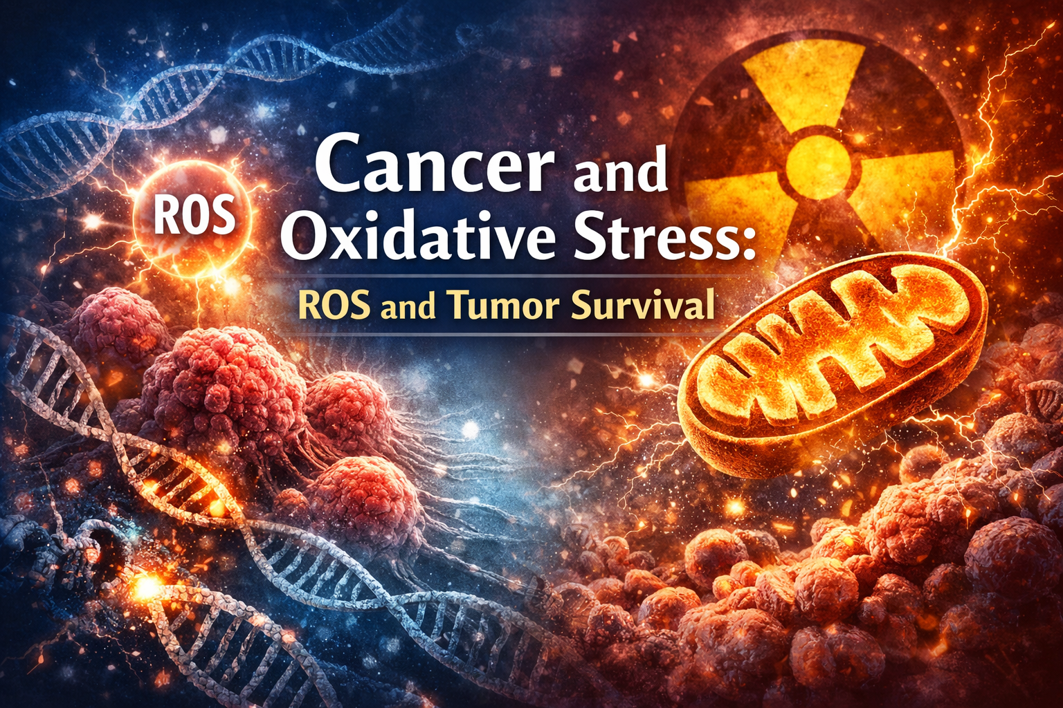 Cancer cells under oxidative stress with reactive oxygen species ROS damaging DNA and mitochondria during tumor survival and radiation therapy