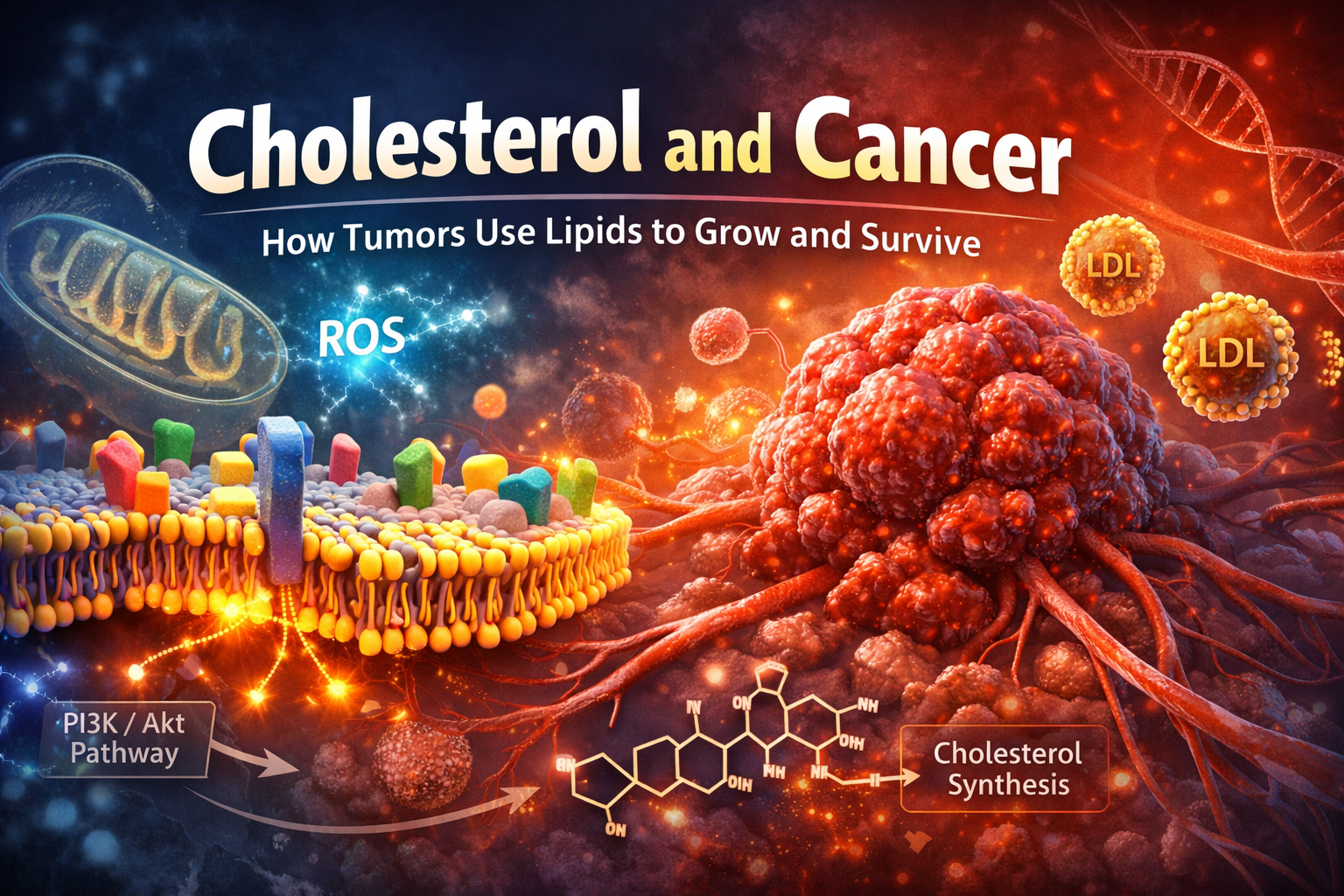 Cholesterol and cancer illustration showing tumor growth, lipid rafts, ROS, mitochondria, and cholesterol-driven signaling pathways