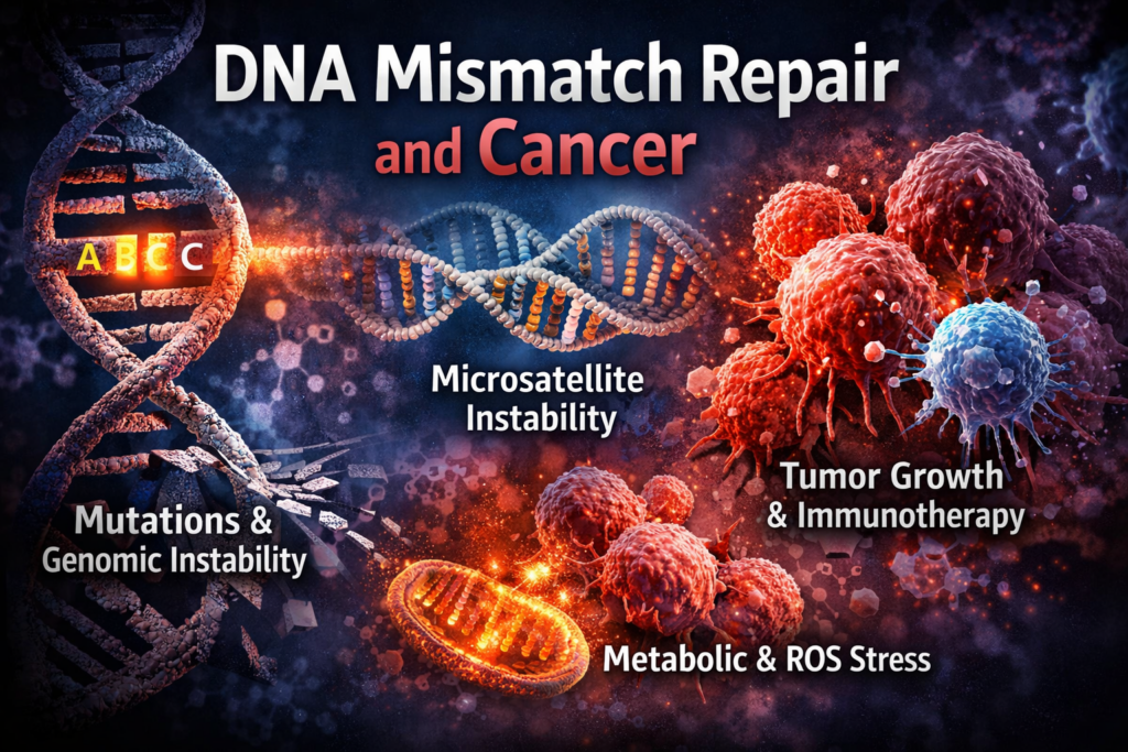DNA mismatch repair failure showing microsatellite instability, mutations, and tumor growth in claymation style