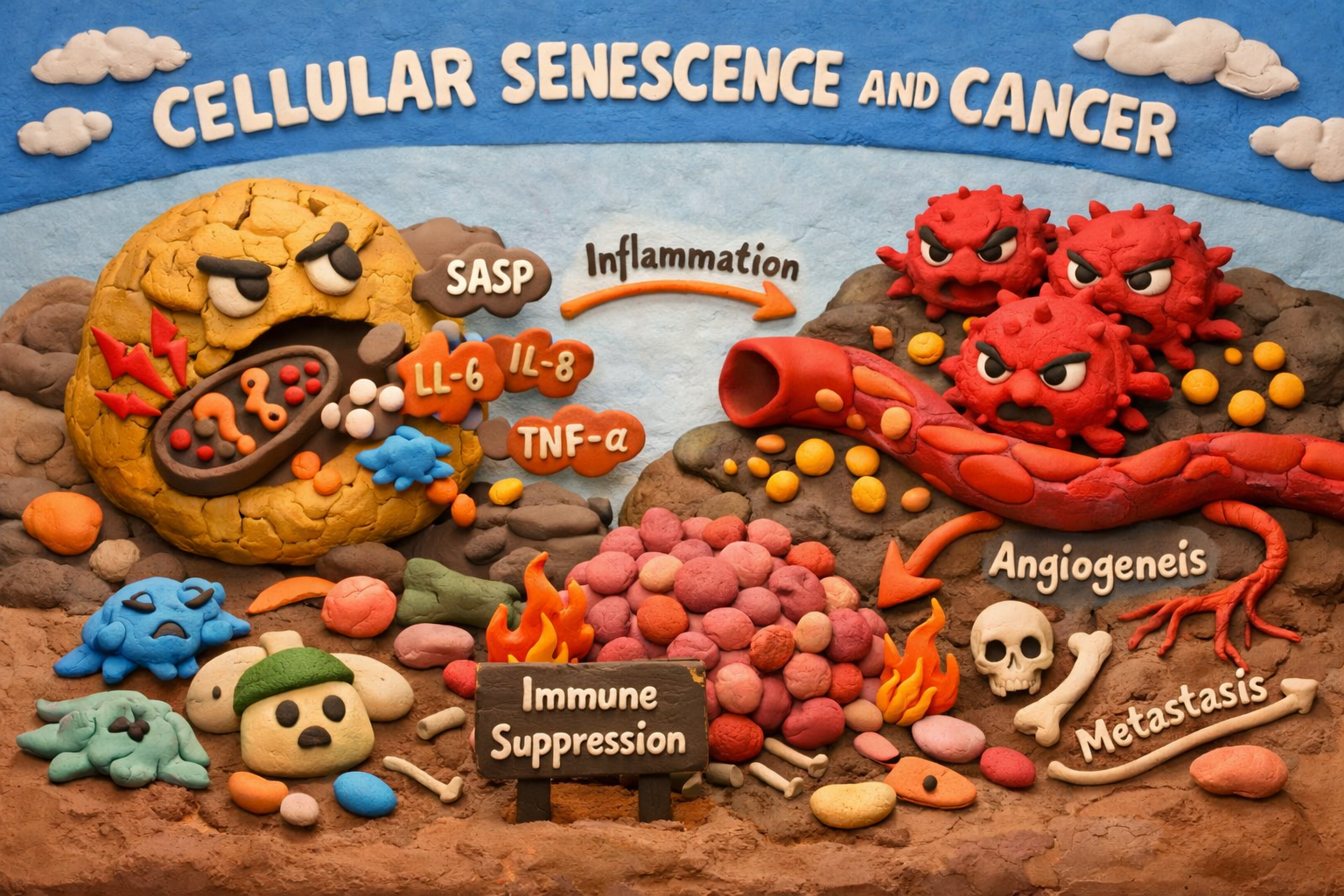 Cellular senescence and cancer claymation showing SASP inflammation and tumor growth