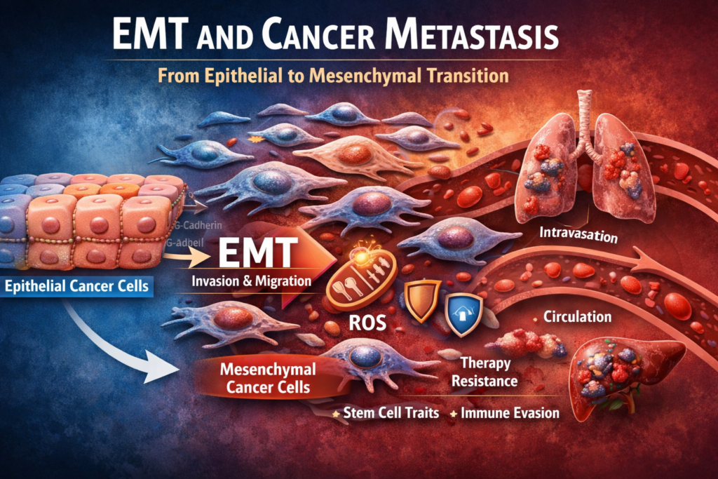 EMT and cancer metastasis diagram showing epithelial to mesenchymal transition, tumor invasion, and cancer cell migration
