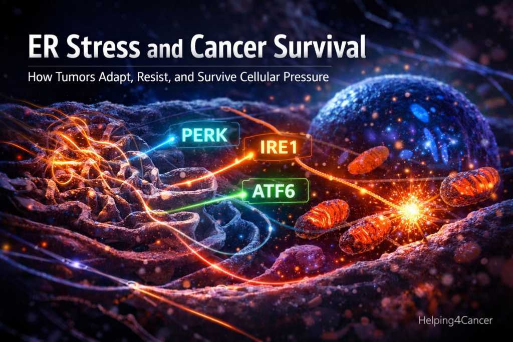 Endoplasmic reticulum stress in cancer cells showing unfolded protein response PERK IRE1 ATF6 and mitochondrial ROS signaling