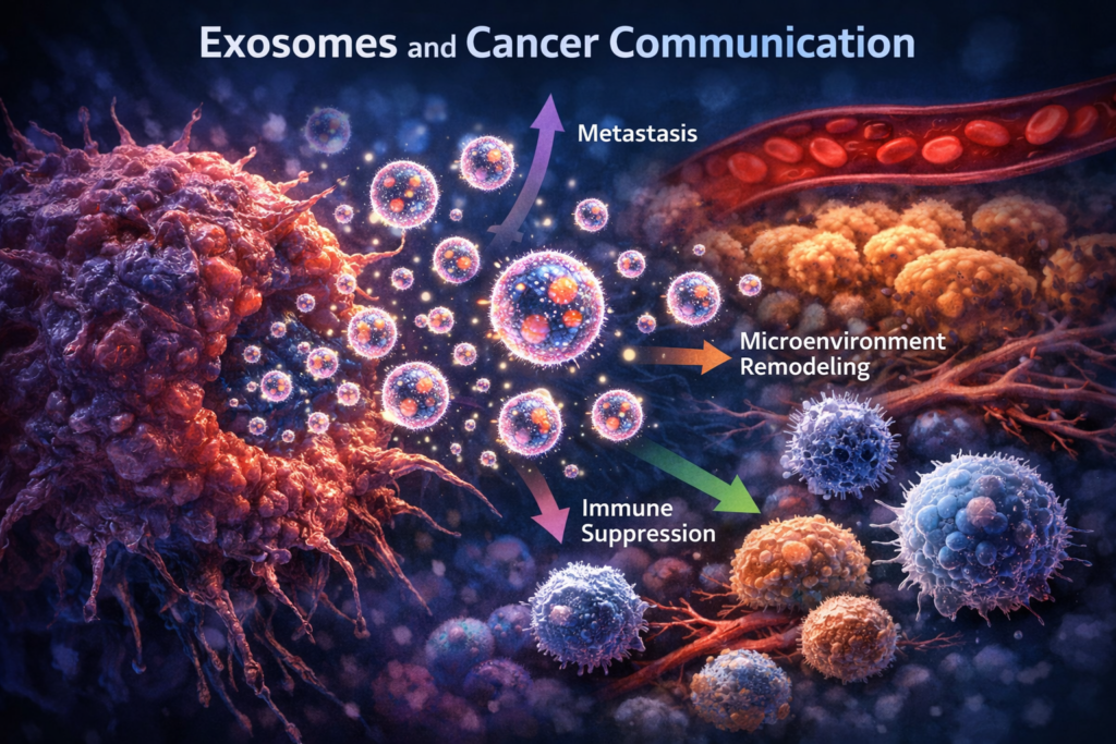 Cancer cells releasing exosomes to communicate and promote metastasis and immune suppression