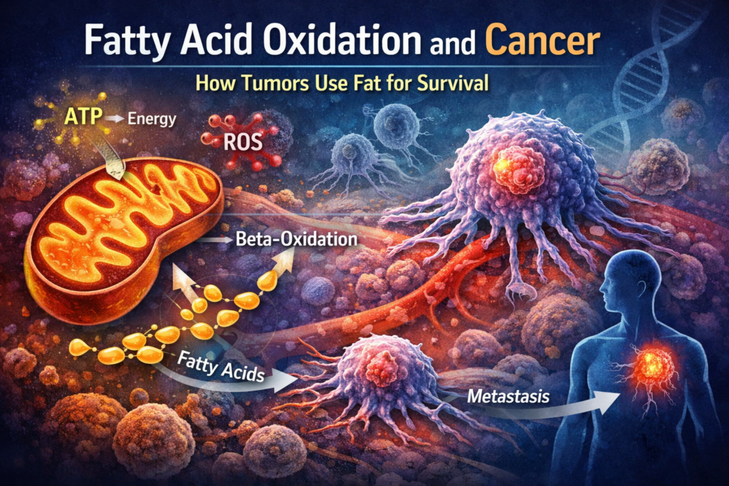 Fatty acid oxidation in cancer cells showing mitochondrial metabolism, ATP production, and tumor survival pathways