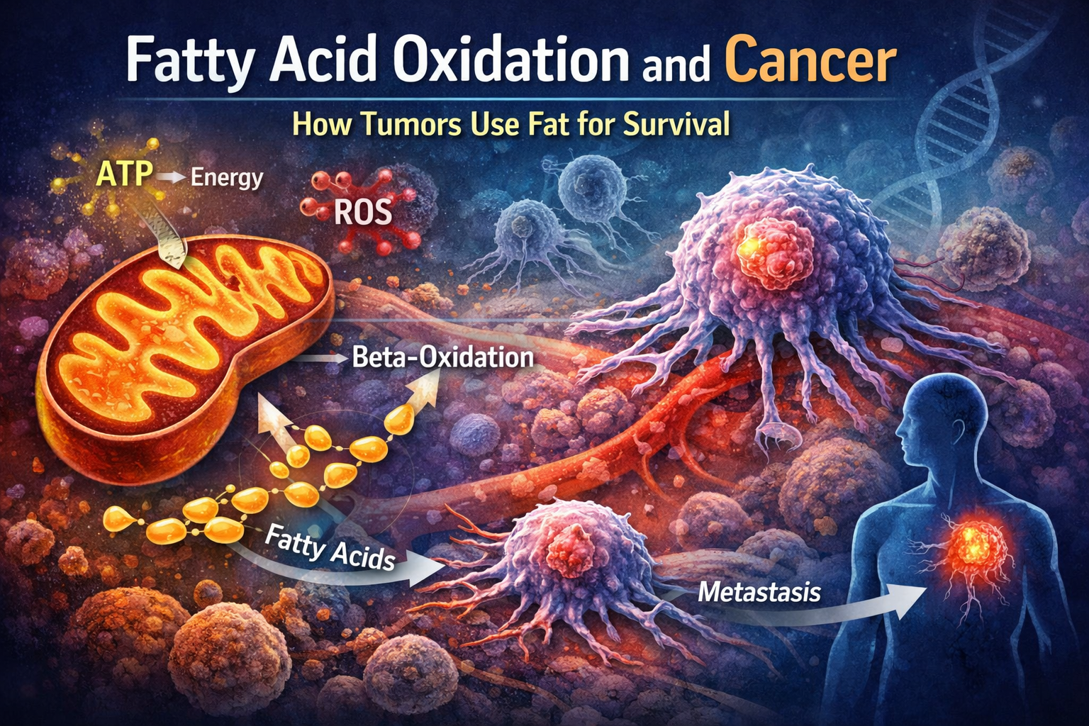 Fatty acid oxidation in cancer cells showing mitochondrial metabolism, ATP production, and tumor survival pathways
