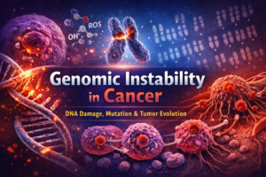 Genomic instability in cancer showing DNA damage, mutations, and tumor evolution with cancer cell growth and ROS activity