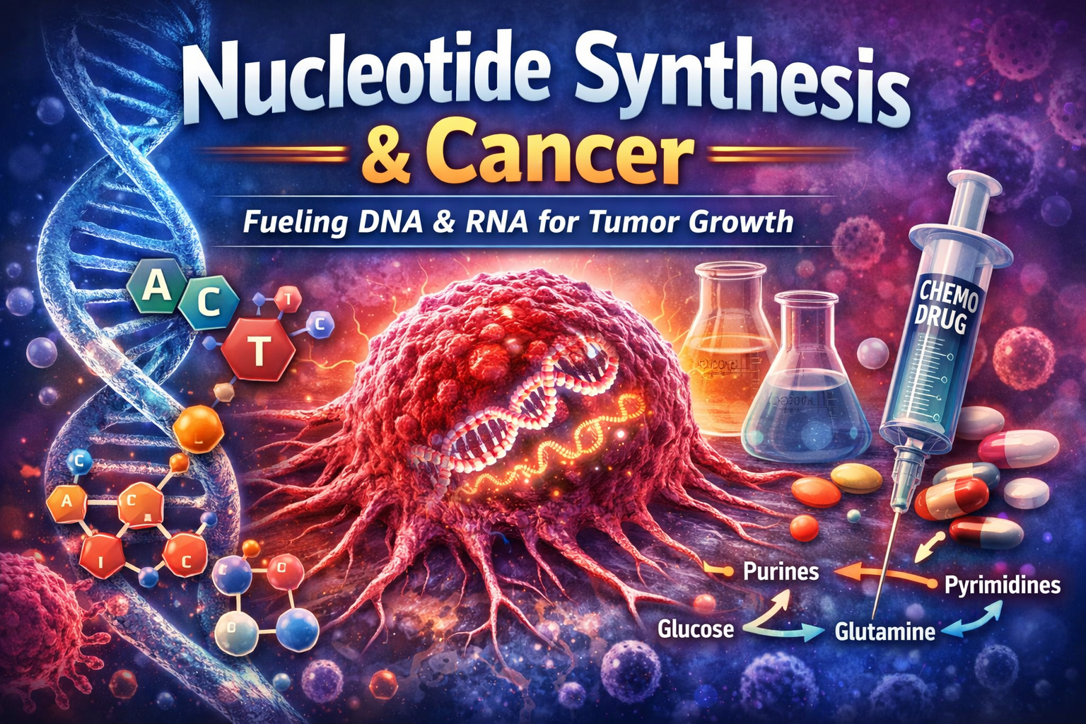 Nucleotide synthesis in cancer showing DNA and RNA production fueling tumor growth and chemotherapy targeting metabolic pathways