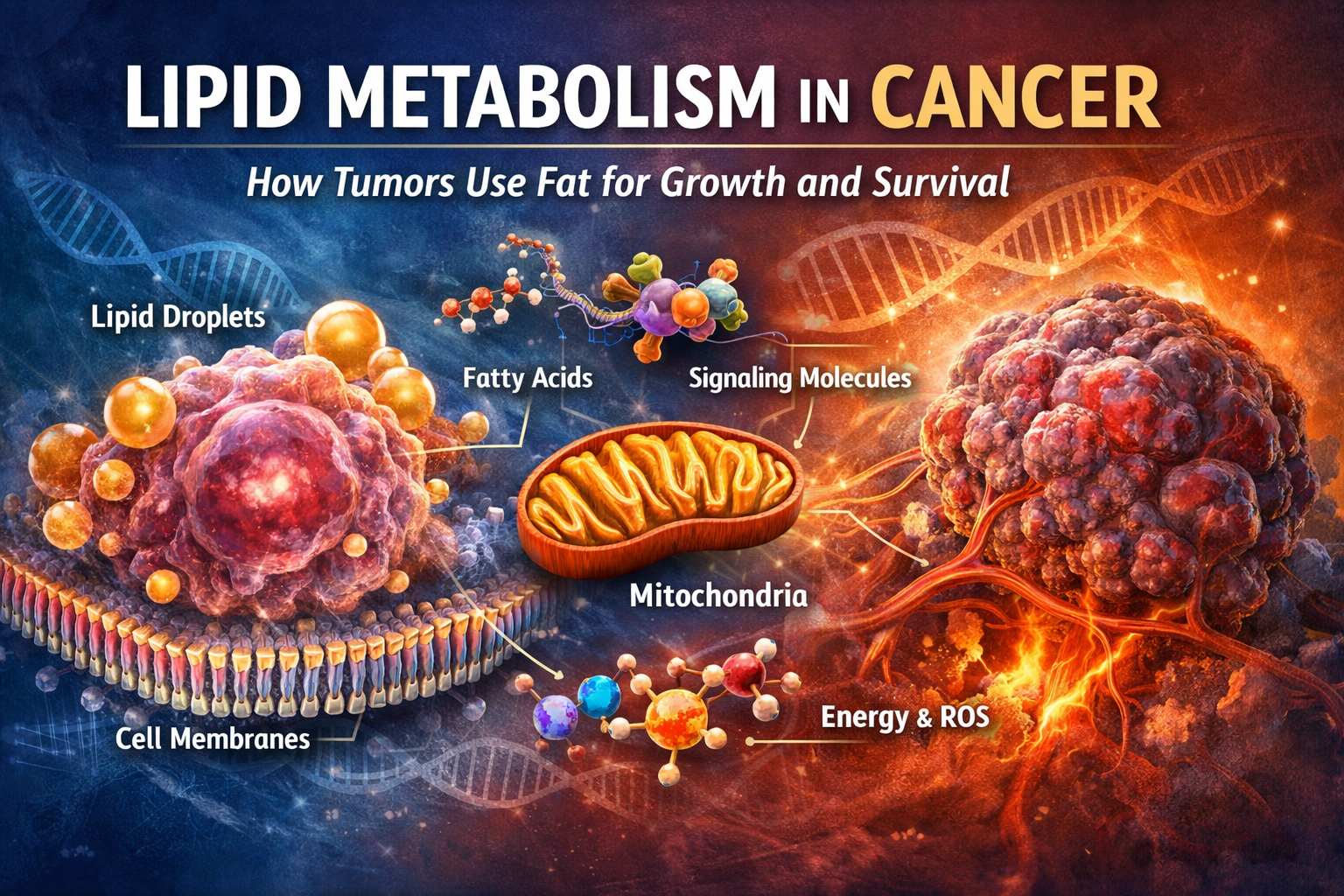 Lipid metabolism in cancer showing tumor cells using fatty acids, lipid droplets, and mitochondria for growth and survival