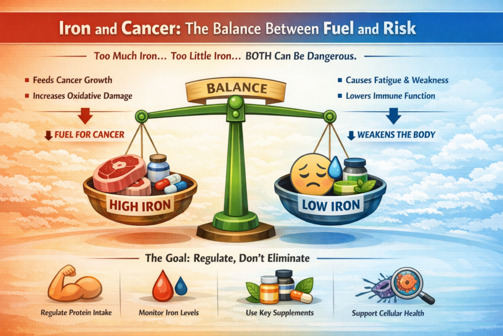 iron and cancer balance diagram showing high iron fueling cancer growth and low iron causing fatigue and weakness