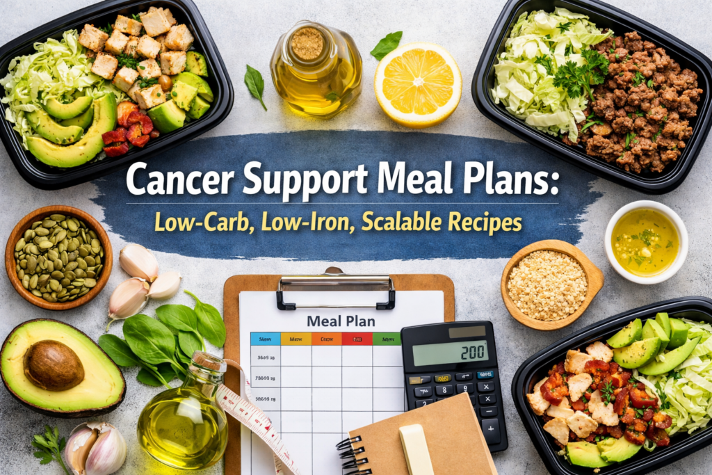 Low carb low iron cancer meal plan with scalable recipes, controlled protein portions, and healthy fats like avocado, cabbage, and olive oil