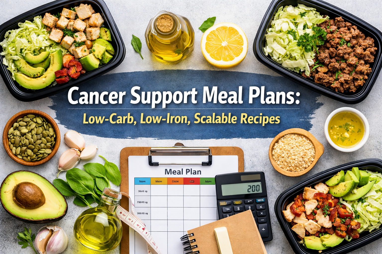 Low carb low iron cancer meal plan with scalable recipes, controlled protein portions, and healthy fats like avocado, cabbage, and olive oil