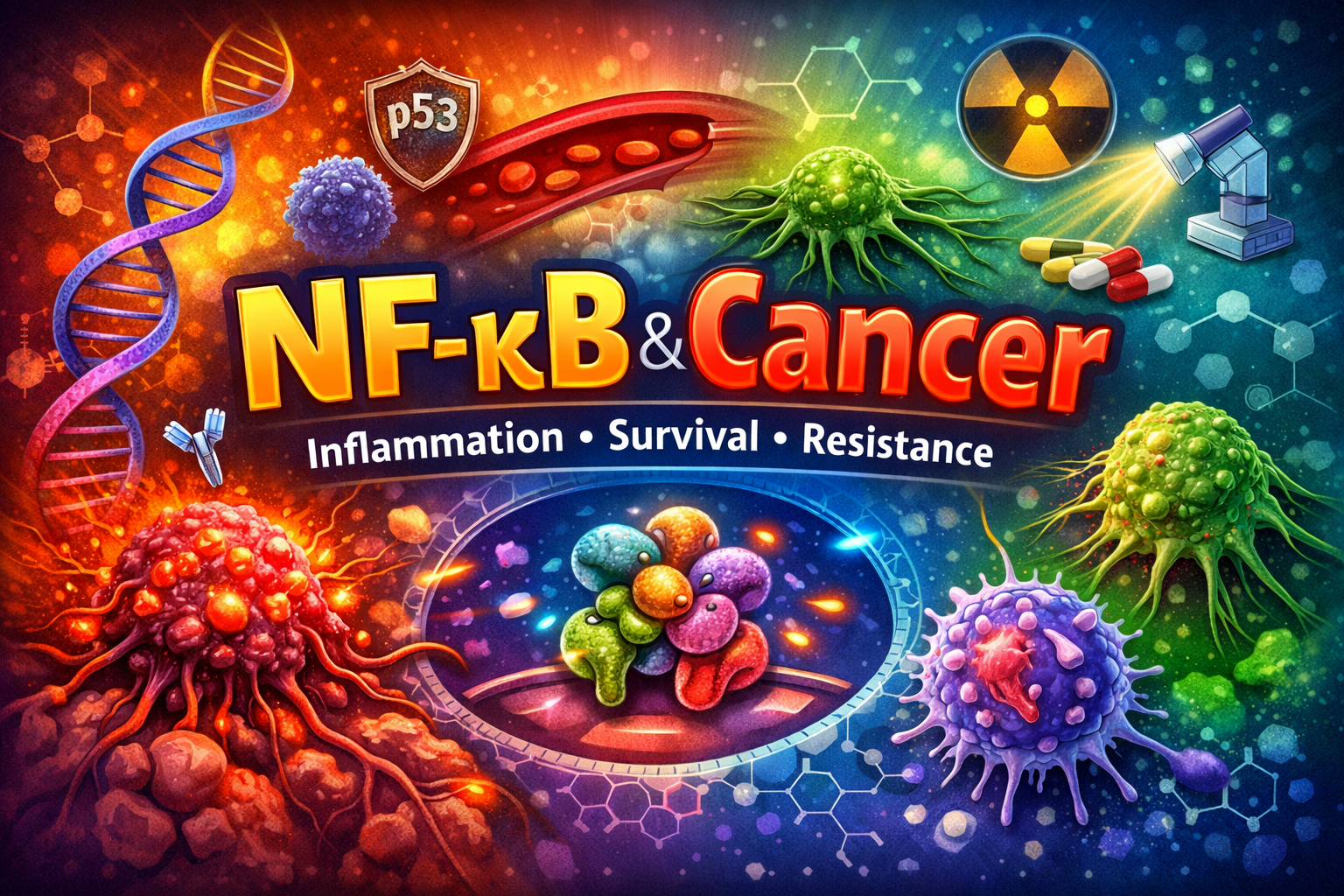 NF-κB cancer pathway showing inflammation, tumor growth, immune evasion, and treatment resistance