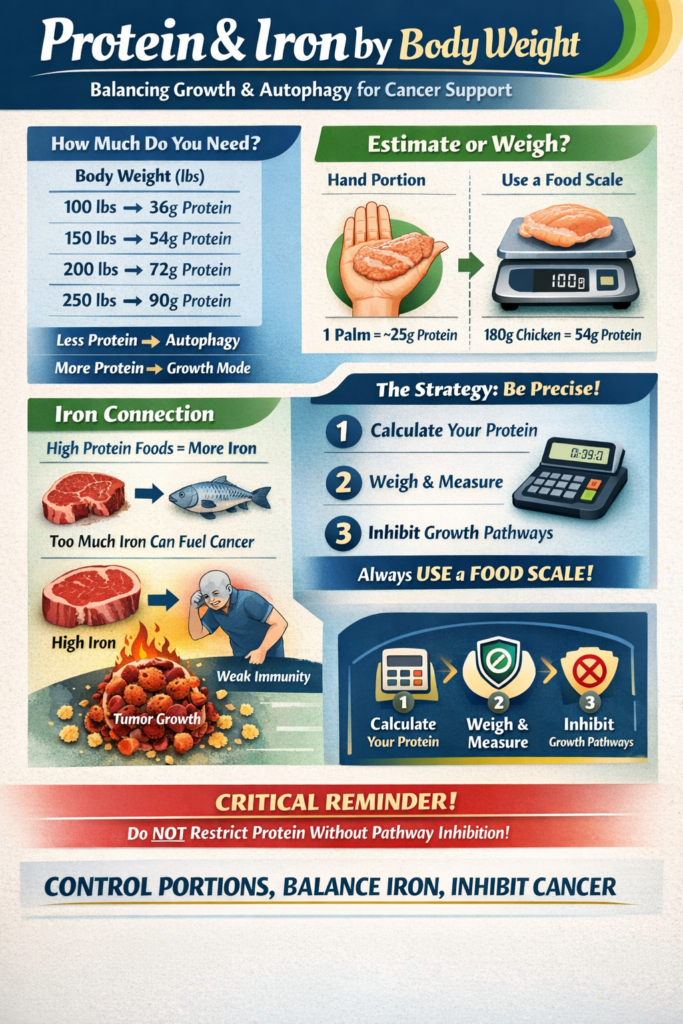 protein and iron by body weight infographic showing portion sizes palm method and food scale for cancer nutrition