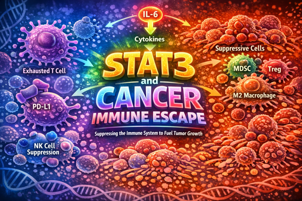 STAT3 cancer pathway showing immune escape, PD-L1 expression, T cell exhaustion, and tumor microenvironment suppression