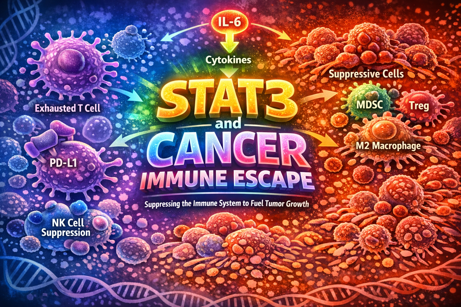 STAT3 cancer pathway showing immune escape, PD-L1 expression, T cell exhaustion, and tumor microenvironment suppression