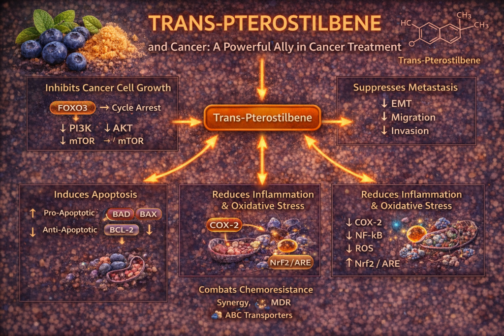 Trans-pterostilbene cancer pathways diagram showing PI3K Akt mTOR inhibition Nrf2 activation apoptosis metastasis suppression and inflammation reduction