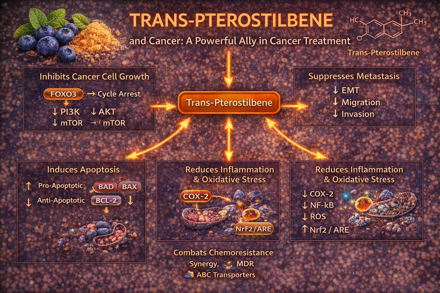 Trans-pterostilbene cancer pathways diagram showing PI3K Akt mTOR inhibition Nrf2 activation apoptosis metastasis suppression and inflammation reduction