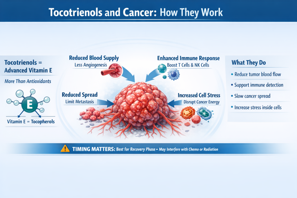 Tocotrienols and cancer infographic showing tumor microenvironment effects and mechanisms